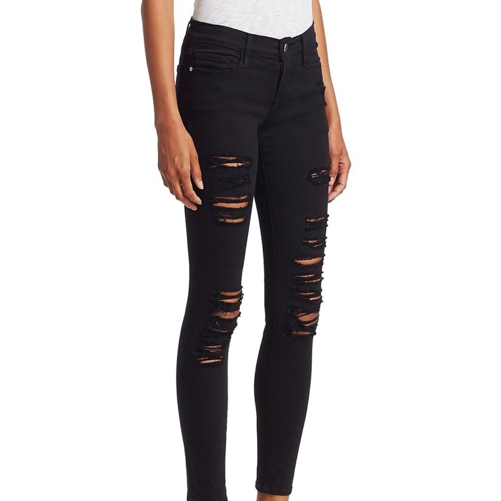Frame Mid-Rise Skinny Distressed Black Jeans